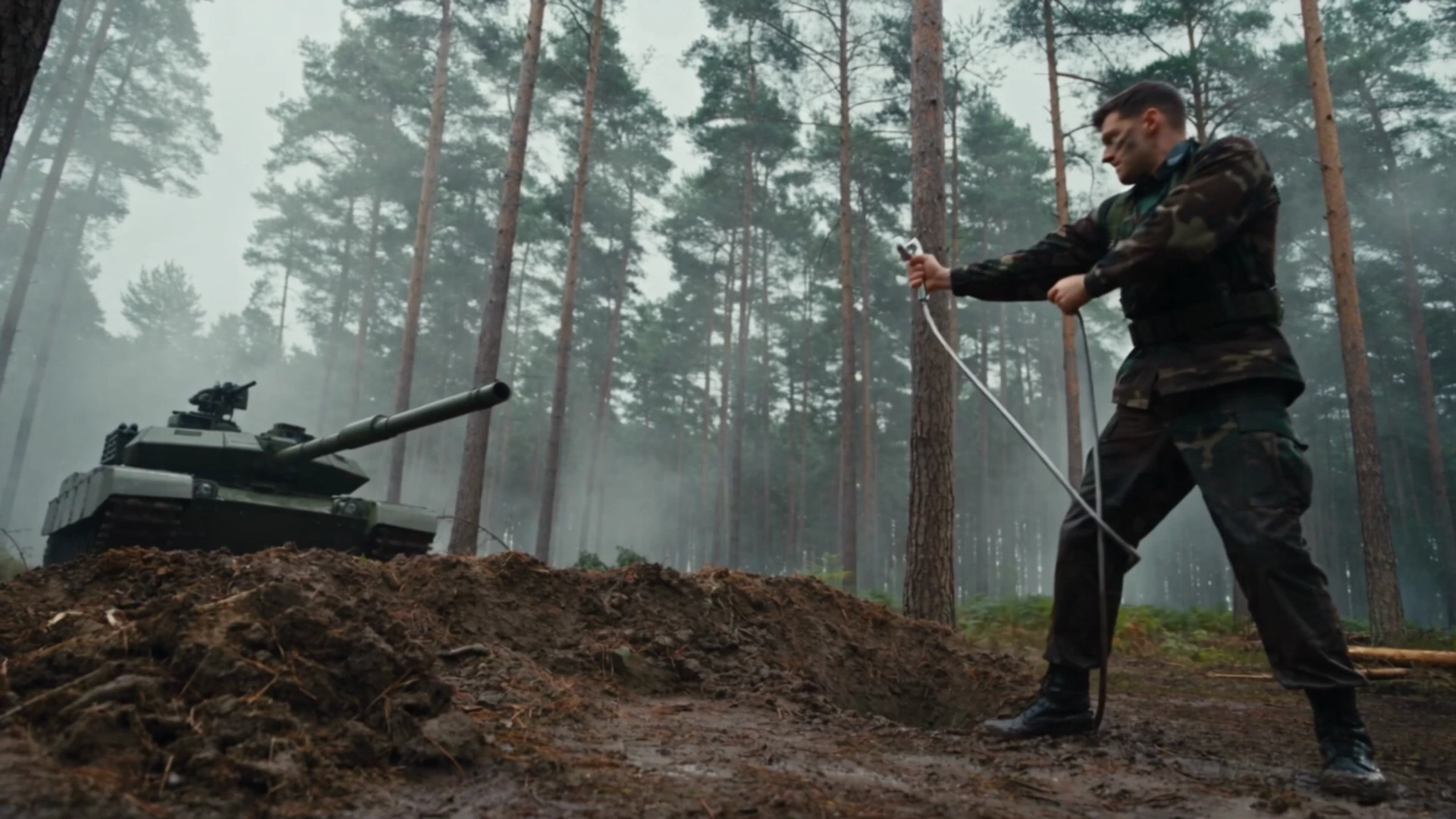 A tank idling in a misty pine forest while a soldier hauls a cable through the mud